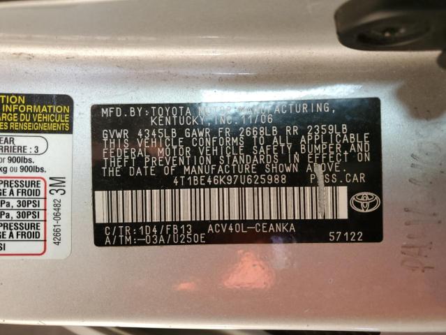 4T1BE46K97U625988 - 2007 TOYOTA CAMRY CE SILVER photo 12