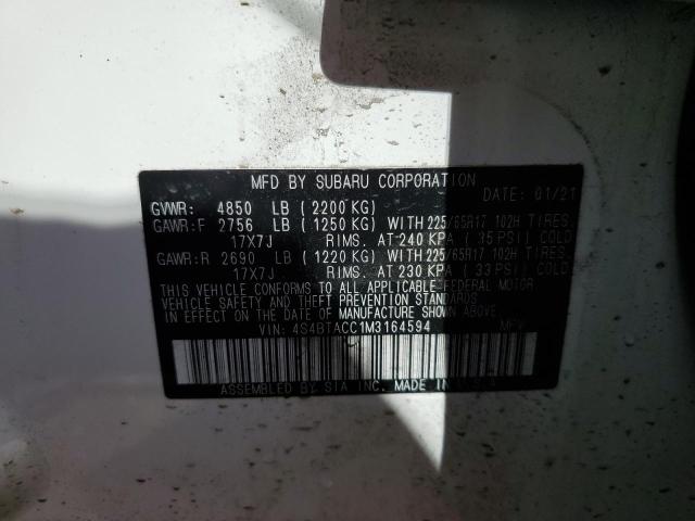 4S4BTACC1M3164594 - 2021 SUBARU OUTBACK PREMIUM WHITE photo 13