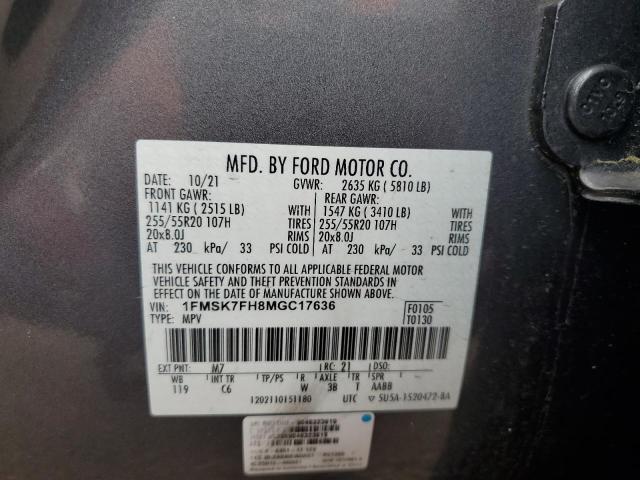 1FMSK7FH8MGC17636 - 2021 FORD EXPLORER LIMITED GRAY photo 12