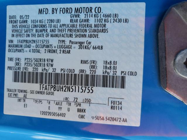 1FATP8UH2N5115755 - 2022 FORD MUSTANG BLACK photo 12