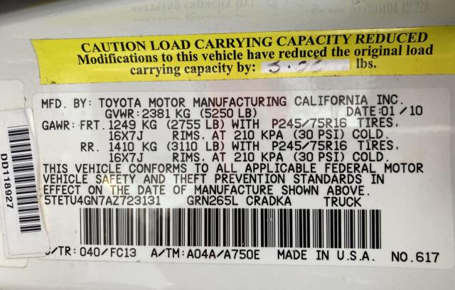 5TETU4GN7AZ723131 - 2010 TOYOTA TACOMA PRERUNNER ACCESS CAB WHITE photo 10