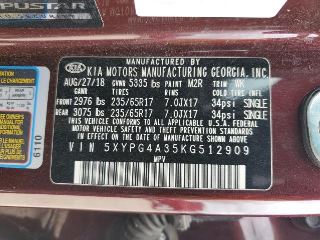 5XYPG4A35KG512909 - 2019 KIA SORENTO L BURGUNDY photo 12