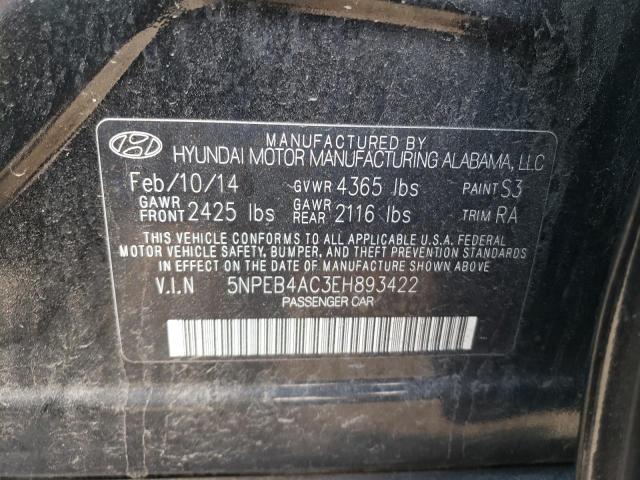 5NPEB4AC3EH893422 - 2014 HYUNDAI SONATA GLS BLACK photo 12