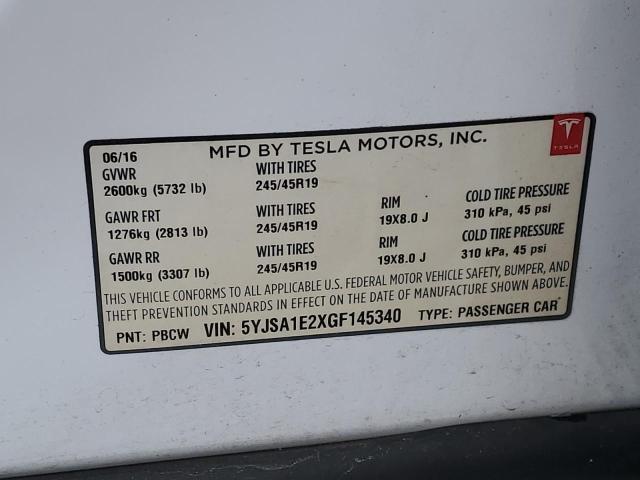 5YJSA1E2XGF145340 - 2016 TESLA MODEL S 白色 照片 12