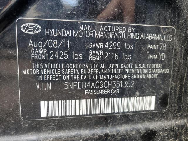 5NPEB4AC9CH351352 - 2012 HYUNDAI SONATA GLS BLACK photo 12