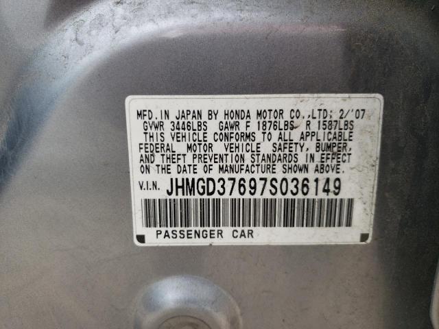 JHMGD37697S036149 - 2007 HONDA FIT S ვერცხლისფერი ფოტო 12