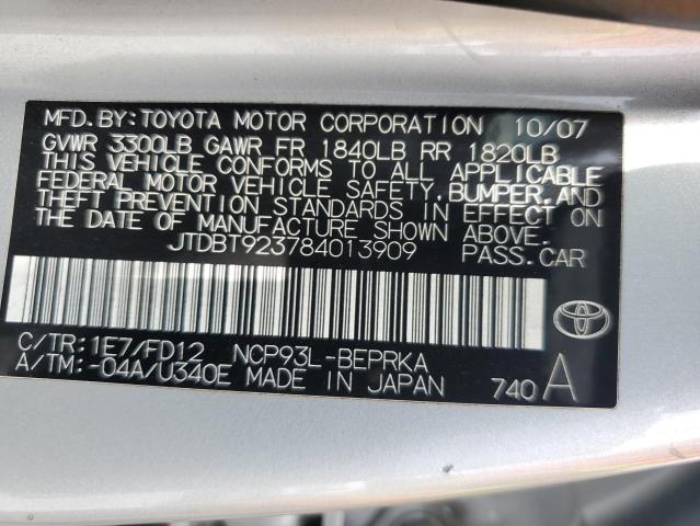 JTDBT923784013909 - 2008 TOYOTA YARIS SILVER photo 12