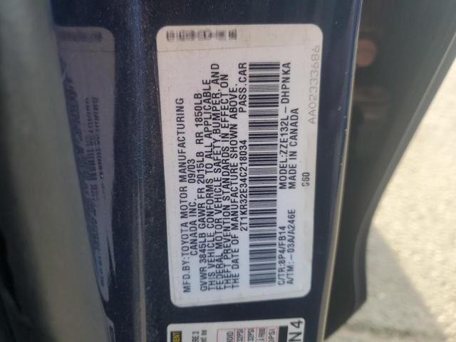 2T1KR32E34C218034 - 2004 TOYOTA COROLLA MA XR BLUE photo 12