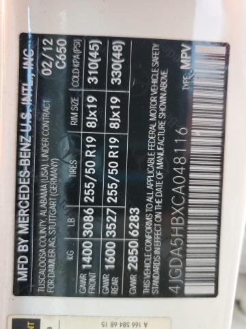 4JGDA5HBXCA048116 - 2012 MERCEDES-BENZ ML 350 4MATIC WHITE photo 13