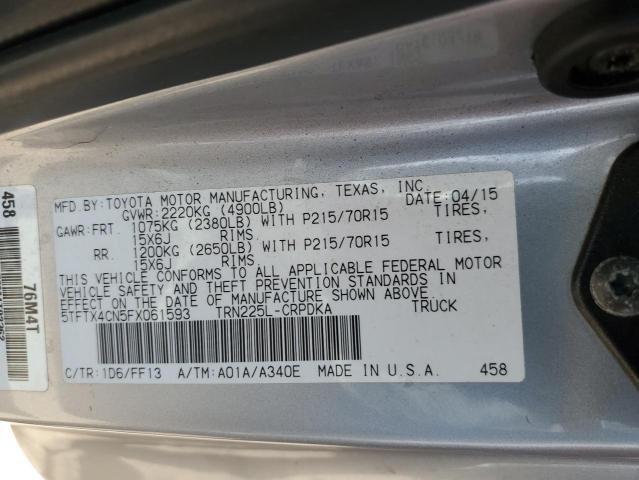 5TFTX4CN5FX061593 - 2015 TOYOTA TACOMA ACCESS CAB ვერცხლისფერი ფოტო 12