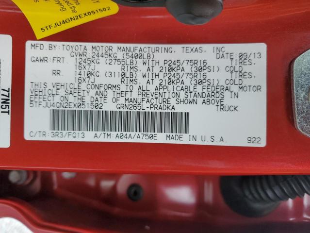 5TFJU4GN2EX051502 - 2014 TOYOTA TACOMA DOUBLE CAB PRERUNNER RED photo 12