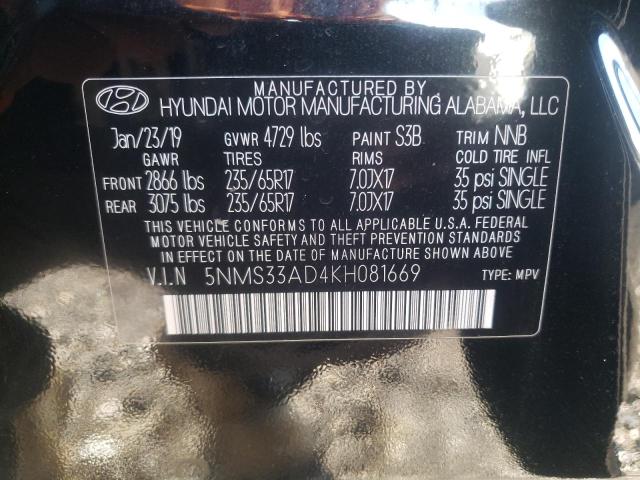 5NMS33AD4KH081669 - 2019 HYUNDAI SANTA FE SEL BLACK photo 12