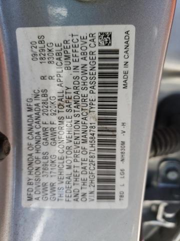 2HGFC2F87LH584781 - 2020 HONDA CIVIC SPORT 银色 照片 12