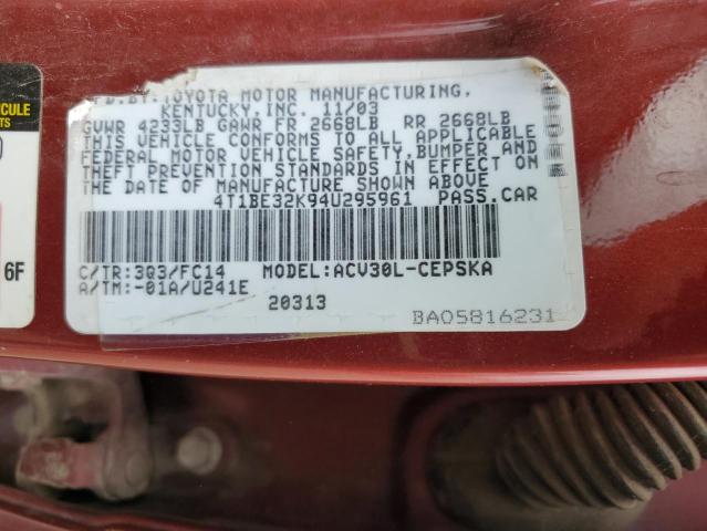 4T1BE32K94U295961 - 2004 TOYOTA CAMRY LE MAROON photo 12