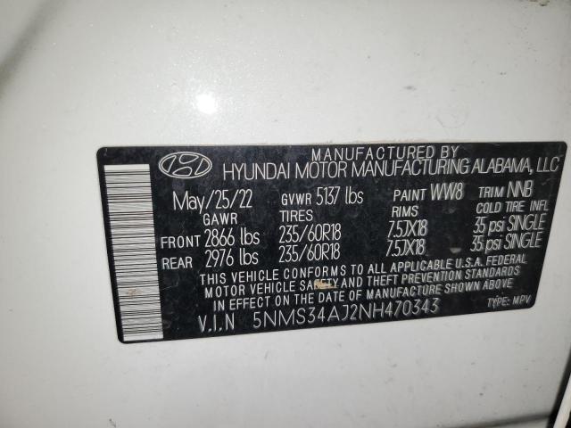 5NMS34AJ2NH470343 - 2022 HYUNDAI SANTA FE SEL WHITE photo 13