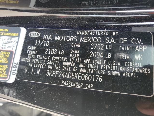 3KPF24AD6KE060176 - 2019 KIA FORTE FE BLACK photo 12