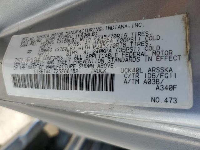 5TBBT44172S288182 - 2002 TOYOTA TUNDRA ACCESS CAB ვერცხლისფერი ფოტო 12