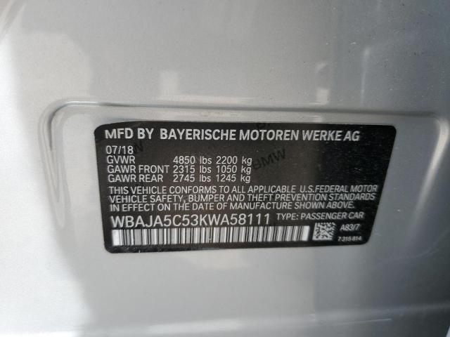 WBAJA5C53KWA58111 - 2019 BMW 530 I SILVER photo 13