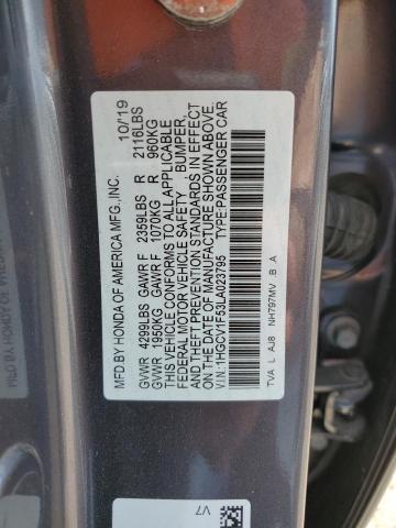 1HGCV1F53LA023795 - 2020 HONDA ACCORD EXL CHARCOAL photo 12