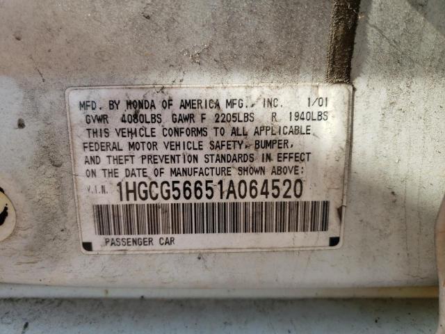 1HGCG56651A064520 - 2001 HONDA ACCORD EX WHITE photo 12