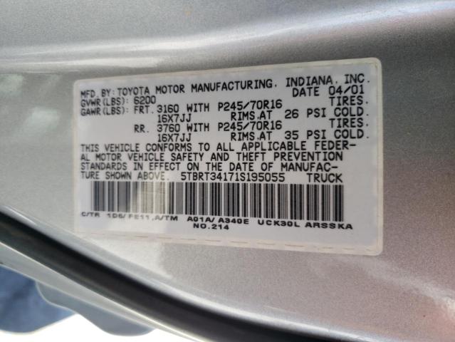 5TBRT34171S195055 - 2001 TOYOTA TUNDRA ACCESS CAB ვერცხლისფერი ფოტო 12