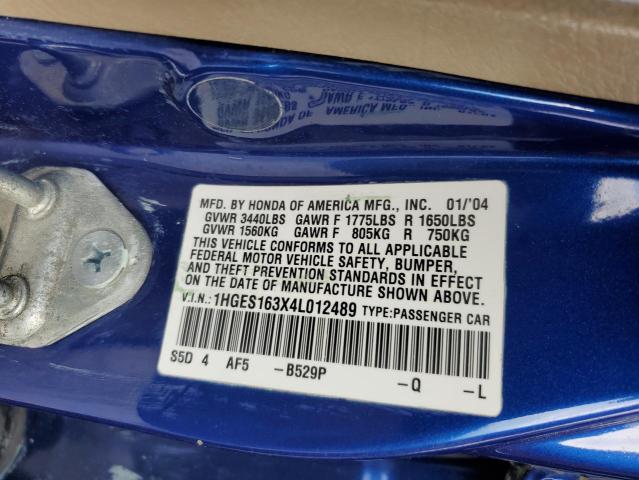 1HGES163X4L012489 - 2004 HONDA CIVIC DX VP Կապույտ լուսանկար 12