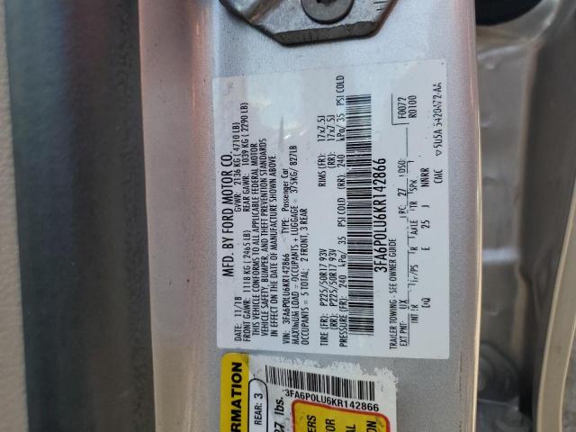 3FA6P0LU6KR142866 - 2019 FORD FUSION SE SILVER photo 13