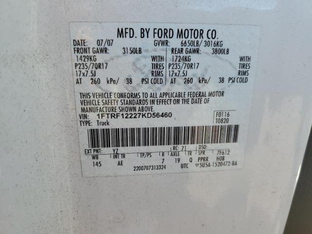 1FTRF12227KD56460 - 2007 FORD F150 WHITE photo 12