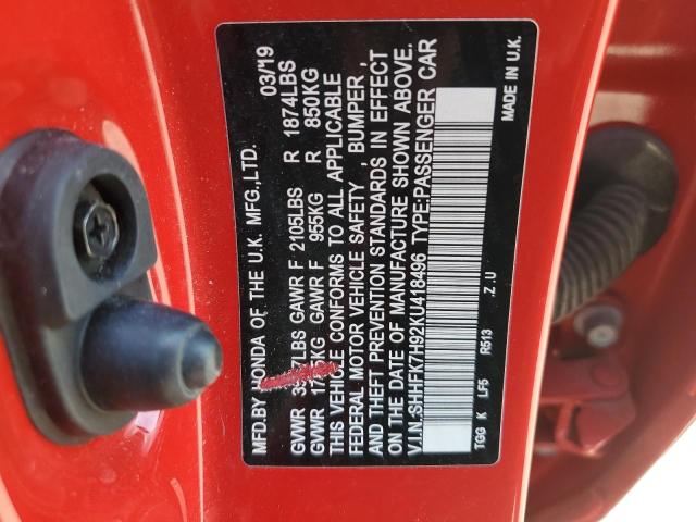 SHHFK7H92KU418496 - 2019 HONDA CIVIC SPORT TOURING RED photo 12
