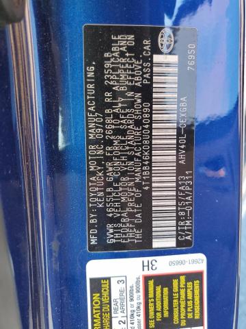 4T1BB46K08U040890 - 2008 TOYOTA CAMRY HYBRID BLUE photo 12