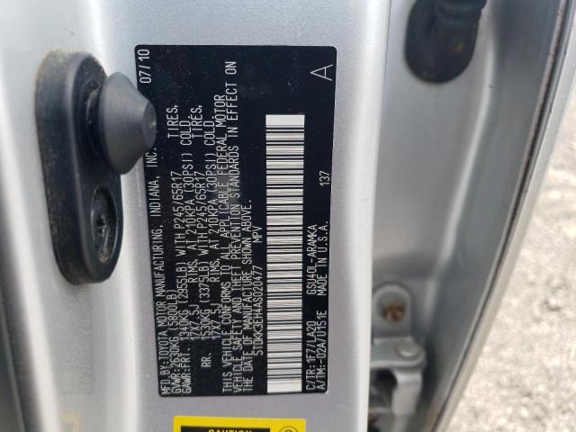 5TDKK3EH4AS020477 - 2010 TOYOTA HIGHLANDER SE GRAY photo 12