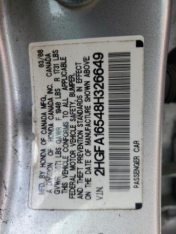 2HGFA16548H326649 - 2008 HONDA CIVIC LX SILVER photo 12