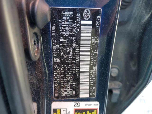 4T1B11HK3JU591142 - 2018 TOYOTA CAMRY L BLUE photo 12