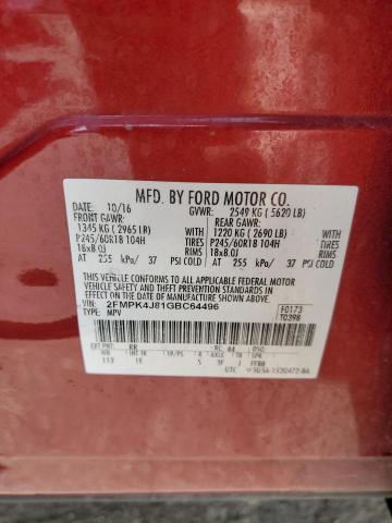 2FMPK4J81GBC64496 - 2016 FORD EDGE SEL RED photo 13