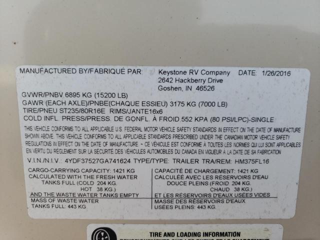 4YDF37527GA741624 - 2016 KEYSTONE MONTANA TAN photo 10