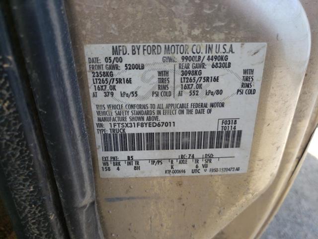 1FTSX31F8YED67011 - 2000 FORD F350 SRW SUPER DUTY TAN photo 12