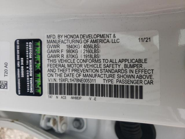 19XFL1H78NE005311 - 2022 HONDA CIVIC EXL 白色 照片 12