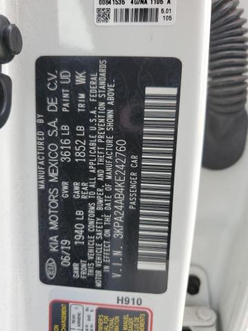 3KPA24AB4KE242760 - 2019 KIA RIO S WHITE photo 12