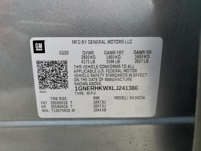 1GNERHKWXLJ241386 - 2020 CHEVROLET TRAVERSE LT GRAY photo 13