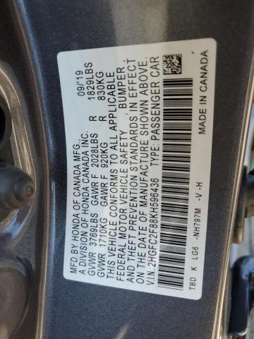 2HGFC2F88KH596436 - 2019 HONDA CIVIC SPORT GRAY photo 12