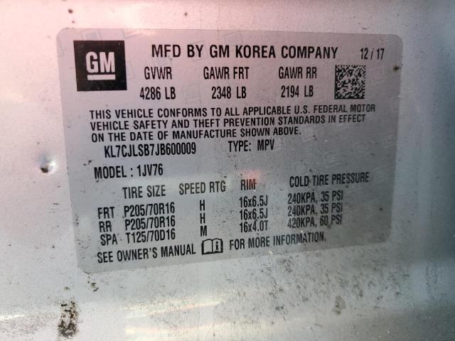 KL7CJLSB7JB600009 - 2018 CHEVROLET TRAX 1LT ვერცხლისფერი ფოტო 14