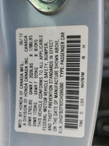 2HGFB2F92CH596090 - 2012 HONDA CIVIC EXL Mavi foto 13