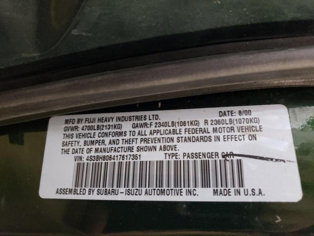 4S3BH806417617351 - 2001 SUBARU LEGACY OUTBACK H6 3.0 LL BEAN GREEN photo 12