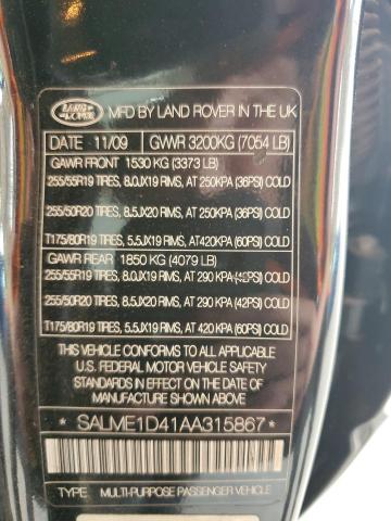 SALME1D41AA315867 - 2010 LAND ROVER RANGE ROVE HSE BLACK photo 12