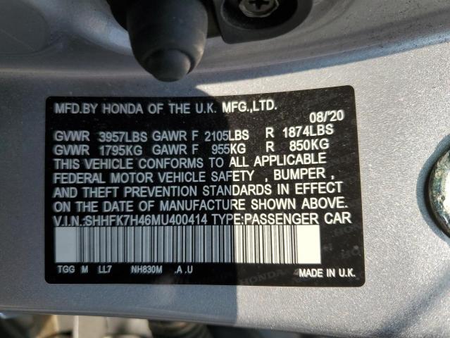 SHHFK7H46MU400414 - 2021 HONDA CIVIC SPORT 银色 照片 12