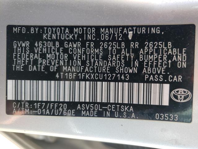 4T1BF1FKXCU127143 - 2012 TOYOTA CAMRY BASE SILVER photo 12