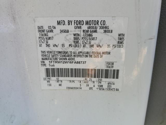 1FTRW12W16FA88737 - 2006 FORD F150 SUPERCREW WHITE photo 12