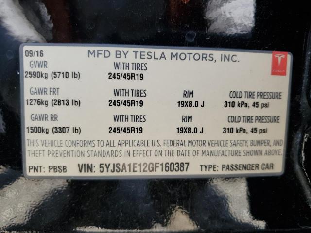 5YJSA1E12GF160387 - 2016 TESLA MODEL S BLACK photo 12