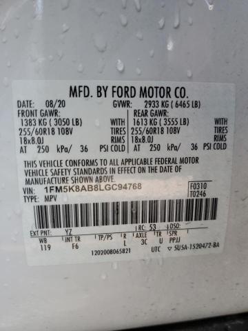 1FM5K8AB8LGC94768 - 2020 FORD EXPLORER POLICE INTERCEPTOR 白色 照片 14