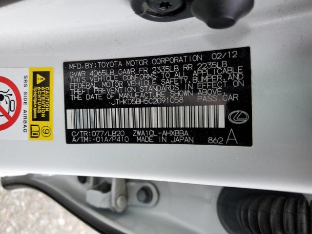 JTHKD5BH5C2091058 - 2012 LEXUS CT 200 WHITE photo 13